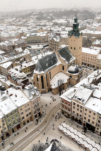 aerial view of the old city, town hall, Lviv, Ukraine