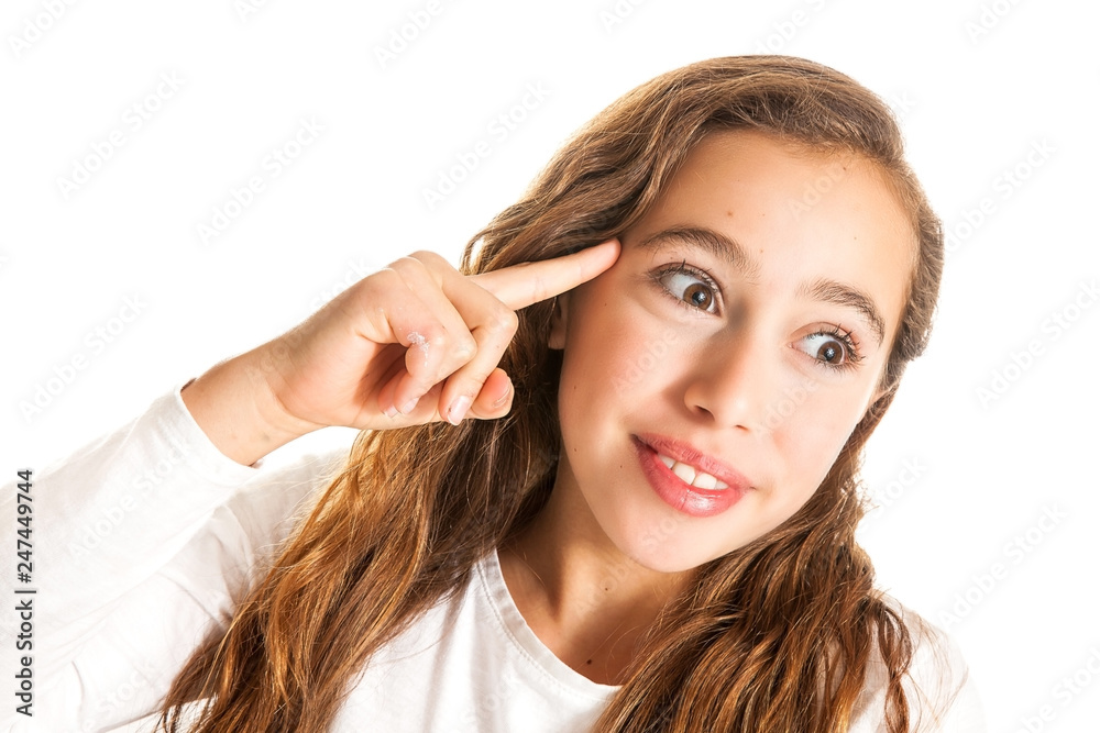 Beautiful young girl thinking or having an idea isolated on white background Beautiful young girl thinking or having an idea isolated on white background