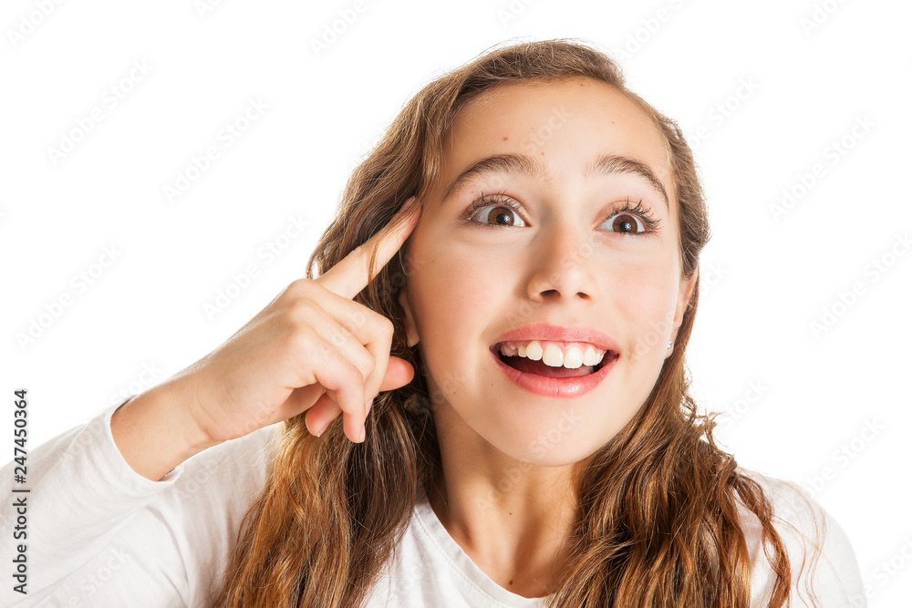 Beautiful young girl thinking or having an idea isolated on white background Beautiful young girl thinking or having an idea isolated on white background