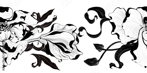 Vector. Fantasy flowers - decorative composition. Flowers with long petals. Wallpaper. Seamless patterns Use printed materials, patterns for fabrics, posters, cards, packaging.