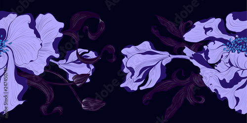 Vector. Fantasy flowers - decorative composition. Flowers with long petals. Wallpaper. Seamless patterns Use printed materials, patterns for fabrics, posters, cards, packaging.