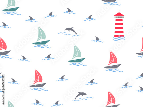 Marine, lighthouse, sailboat seamless pattern. Yachts, boats, dolphins, cute doodle baby elements. Sea summer background. Childish background for fabric, baby clothes, Hand drown design for boys.