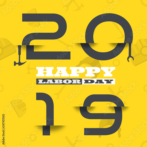 Vector poster of Happy Labor Day 2019 with glitch gray numbers on the yellow background with pattern.