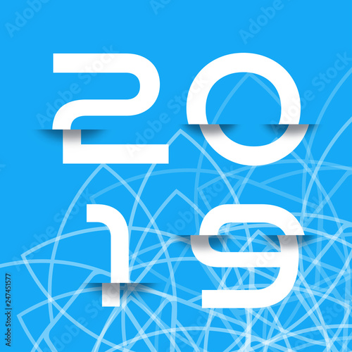 2019 vector poster with glitch white numbers on the blue background with abstract gometrical pattern. photo