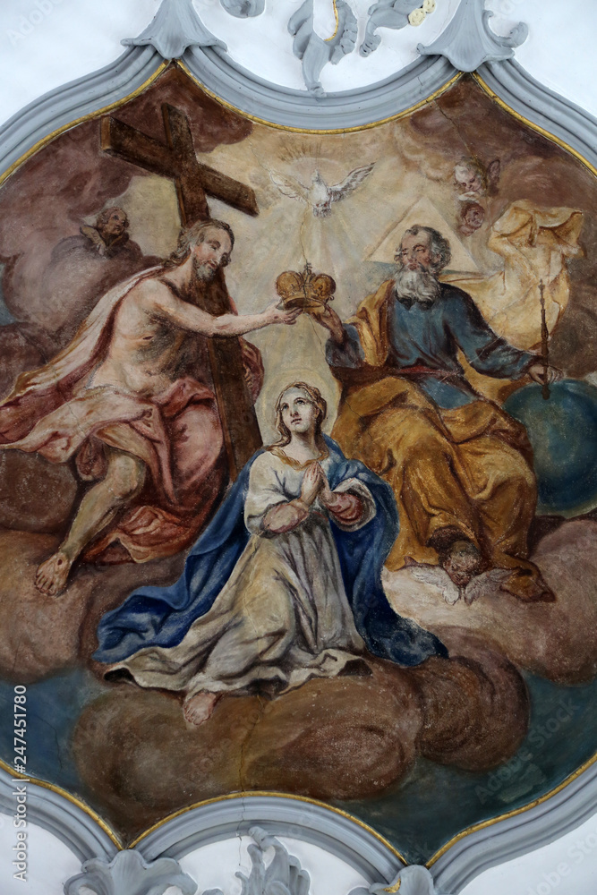 Coronation of the Virgin Mary, fresco on the ceiling of the Church of Our Lady of Sorrows in Rosenberg, Germany 