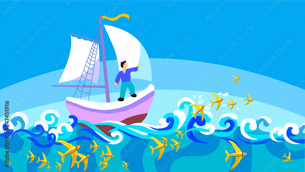 Naklejka premium Little ship in open sea, and school of flying fish jump to air over surfase of water