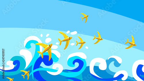 Flying fishes take off from sea waves and flight over surfase of ocean