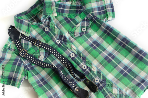 Set of festive clothes for the little boy - green cotton shirt with suspenders