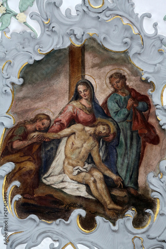 Jesus' body is removed from the cross, Way of the Cross, fresco on the ceiling of the Church of Our Lady of Sorrows in Rosenberg, Germany