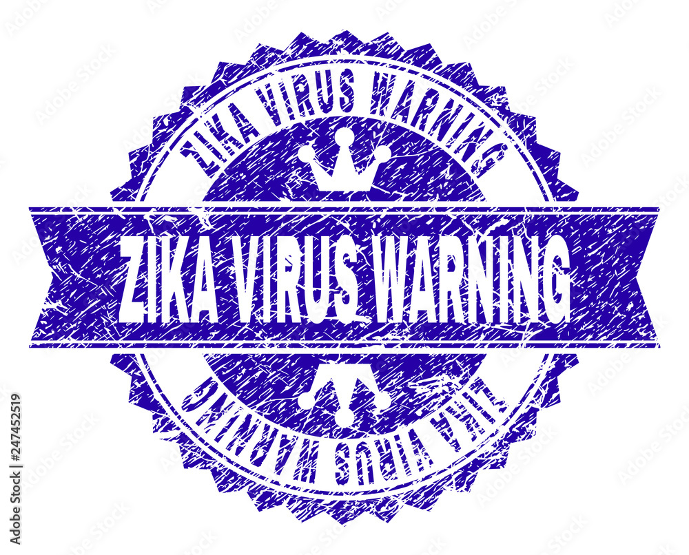 Obraz premium ZIKA VIRUS WARNING rosette stamp seal overlay with grunge style. Designed with round rosette, ribbon and small crowns. Blue vector rubber watermark of ZIKA VIRUS WARNING caption with grunge style.