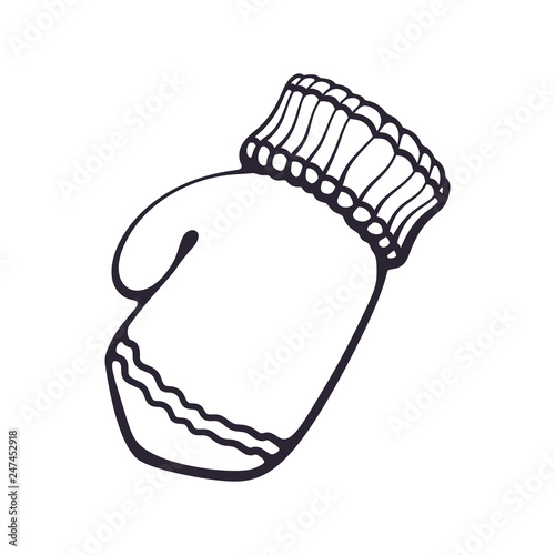 Vector illustration. Hand drawn doodle of christmas winter mitten. Winter wool glove for cold weather. New year decoration. Cartoon sketch. Isolated on white background  