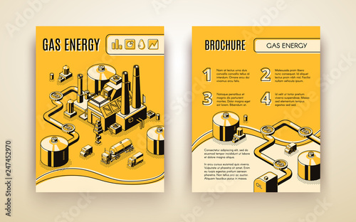 Vector brochure template with 3d isometric gas energy plant, transportation in pipes, trukcs and refinery. Processing plant, LNG terminal in line art, yellow color. Booklet with heavy industry objects