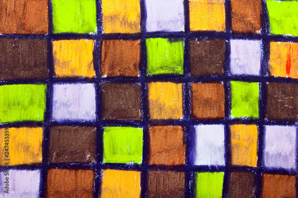 Colorful checkered drawing.Oil pastels drawing with squares