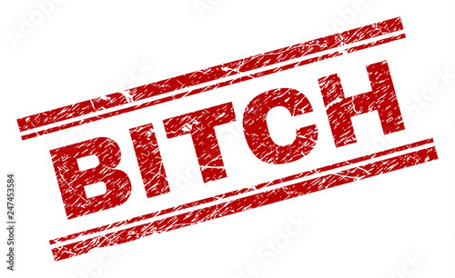 BITCH seal stamp with corroded texture. Red vector rubber print of BITCH title with corroded texture. Text label is placed between double parallel lines.