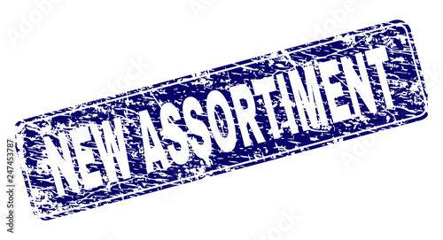 NEW ASSORTIMENT stamp seal print with grunge style. Seal shape is a rounded rectangle with frame. Blue vector rubber print of NEW ASSORTIMENT tag with grunge style.