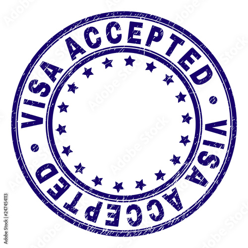 VISA ACCEPTED stamp seal imprint with grunge texture. Designed with round shapes and stars. Blue vector rubber print of VISA ACCEPTED text with scratched texture.