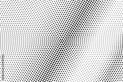 Black and white dotted halftone with diagonal gradient. Circular vector texture. Vintage effect graphic decor