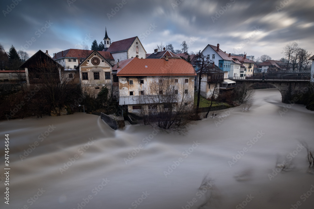 Old Skofja Loka town in Slovenia after storm