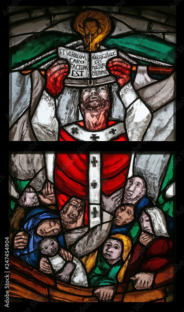 St. Patrick, stained-glass window in the parish church of St Patrick, work of painter Sieger Koder in Eggenrot, Germany