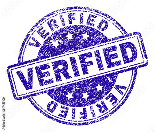 VERIFIED stamp seal imprint with grunge effect. Designed with rounded rectangles and circles. Blue vector rubber print of VERIFIED caption with dirty texture.