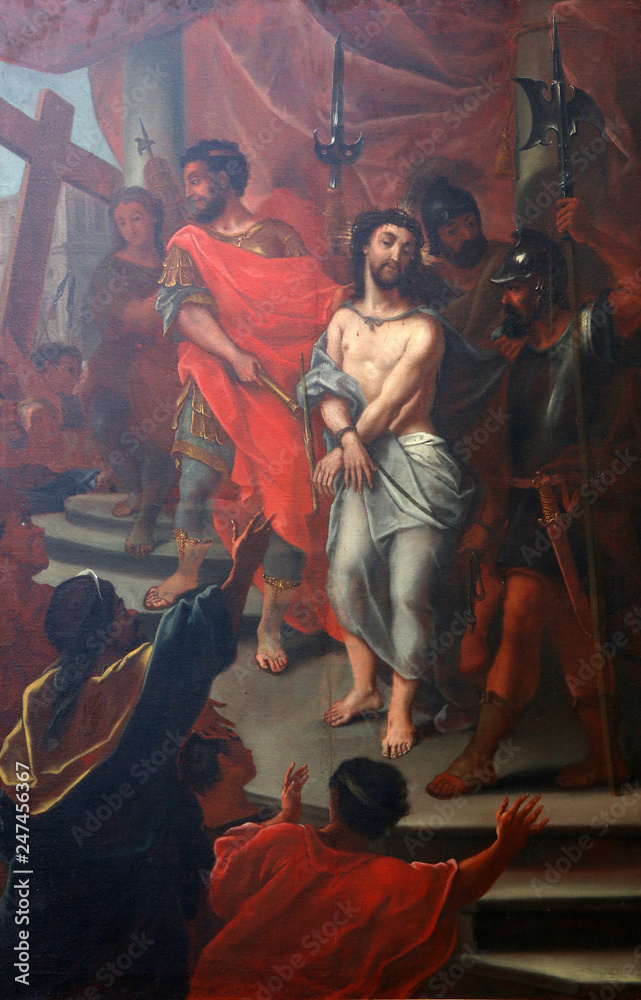 Naklejka premium 1st Stations of the Cross, Jesus is condemned to death, Basilica of St. Vitus in Ellwangen, Germany 