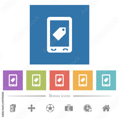 Mobile label flat white icons in square backgrounds photo