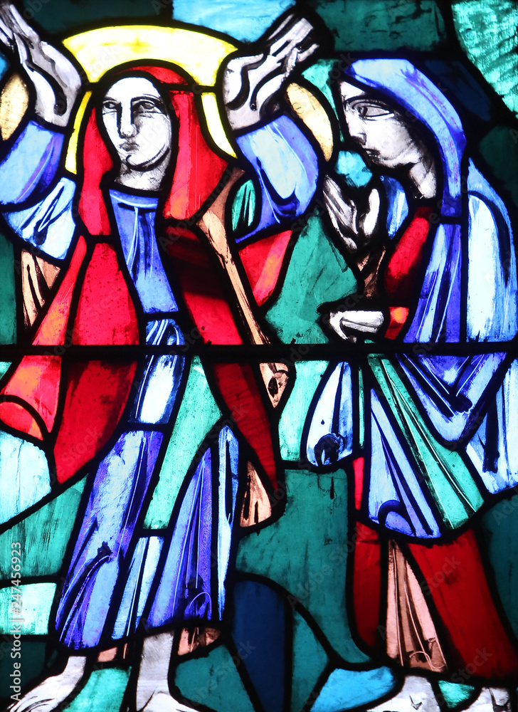Visitation of Mary to Elizabeth, Stained glass window in Basilica of St. Vitus in Ellwangen, Germany