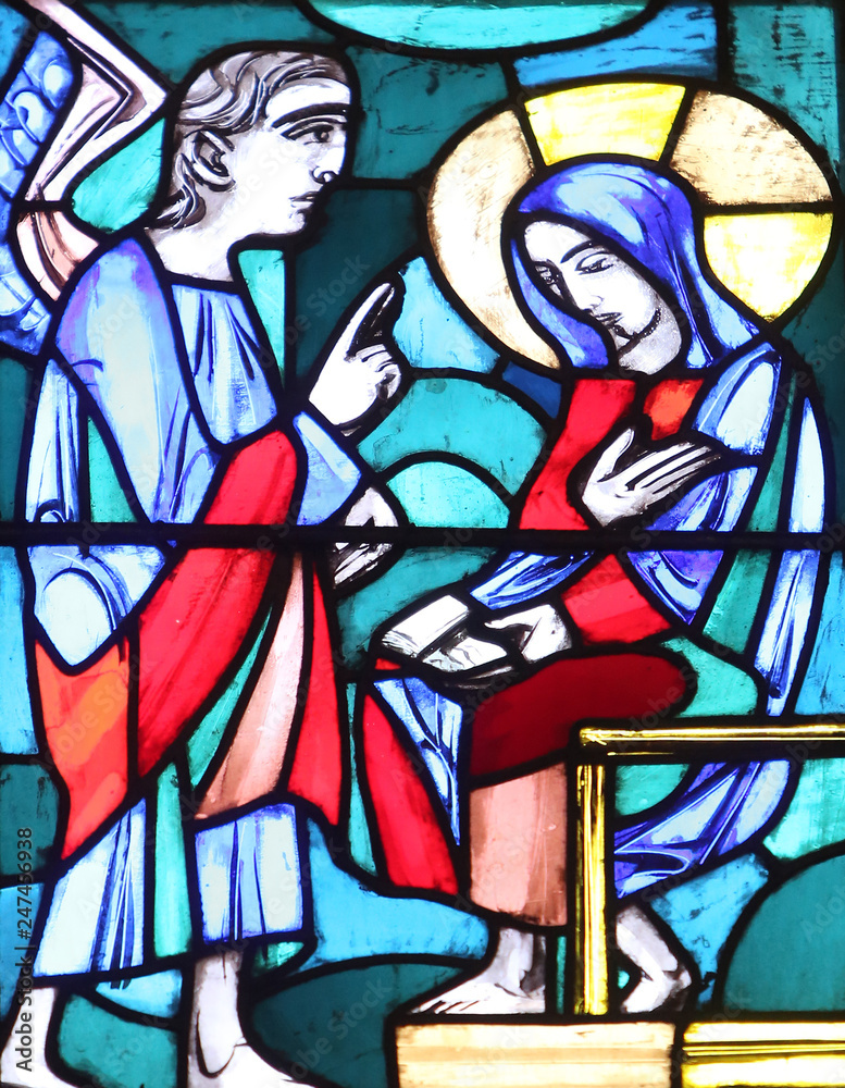 The Annunciation, Stained glass window in Basilica of St. Vitus in Ellwangen, Germany