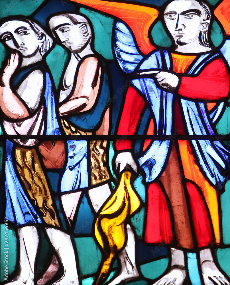 Expulsion from Paradise, stained glass window in Basilica of St. Vitus in Ellwangen, Germany