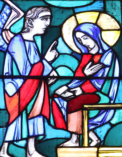 The Annunciation  Stained glass window in Basilica of St. Vitus in Ellwangen  Germany