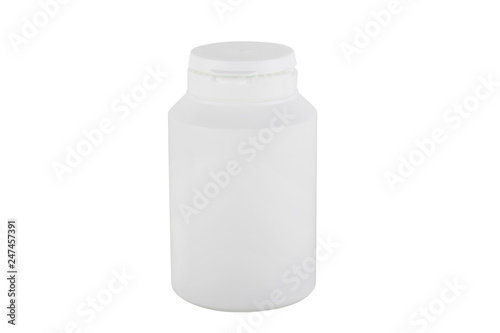 Closed white medicine bottle isolated on white background