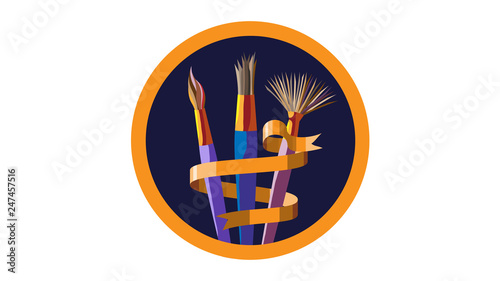 Three brushes wich cooper knobs and classic stubble, logo in circle frame in orange color and wrapped in tape