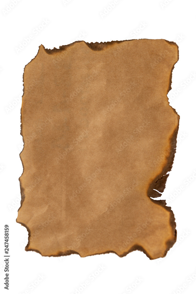 Old burnt paper, isolated on white background, copy space, vertical Old burnt paper, isolated on white background, copy space, vertical