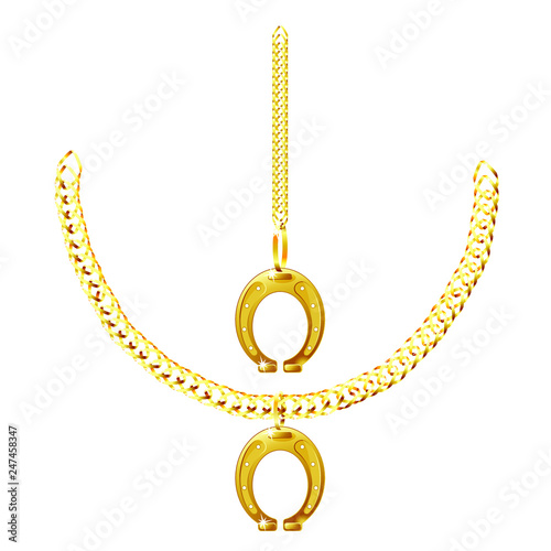 Golden Pendant. Horseshoe with Chain Isolated on White Background. 3D Illustration