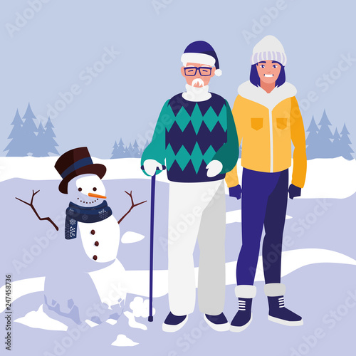 cute grandfather and daughter with winter clothes