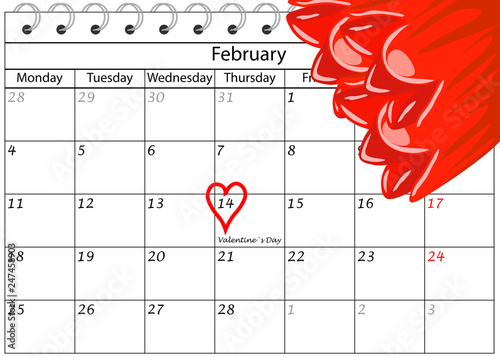 Valentin`s Tag Kalender Herz Schriftzug und Blumen