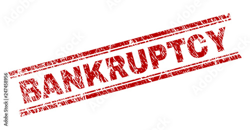 BANKRUPTCY seal print with grunge texture. Red vector rubber print of BANKRUPTCY label with scratched texture. Text label is placed between double parallel lines.