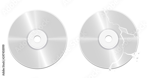 Intact CD and broken, damaged, corrupted, ruined, destroyed, bursted, wrecked, smashed, demolished, vandalized compact disc - realistic isolated vector illustration on white background.
