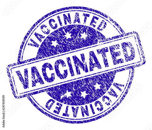 VACCINATED stamp seal imprint with grunge style. Designed with rounded rectangles and circles. Blue vector rubber print of VACCINATED tag with grunge texture.