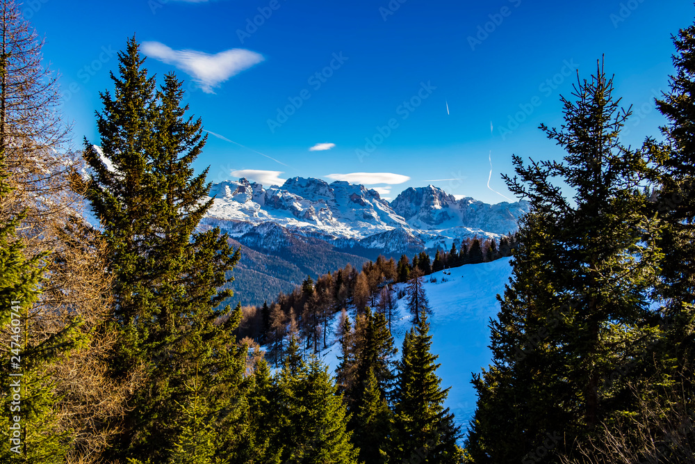 View with snow-capped mountains of Trentino Alto Adige, Italy