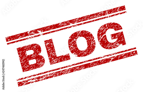 BLOG seal print with corroded style. Red vector rubber print of BLOG text with unclean texture. Text tag is placed between double parallel lines.