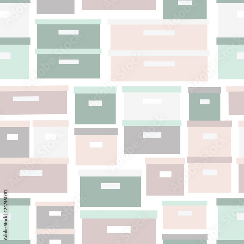 Seamless pattern storage boxes. Stacked cardboard storage boxes with closed lid background in pastel colors. Vector illustration closet organization. Tidy up. Declutter and tidying up concept