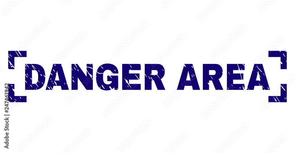 DANGER AREA caption seal watermark with corroded texture. Text caption is placed between corners. Blue vector rubber print of DANGER AREA with grunge texture.