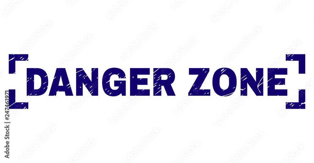 DANGER ZONE caption seal print with grunge style. Text caption is placed inside corners. Blue vector rubber print of DANGER ZONE with scratched texture.