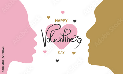Happy Valentines Day typography poster with handwritten calligraphy text and color hearts. Gold  black  pink  white colors. Poster  banner  greeting card and background