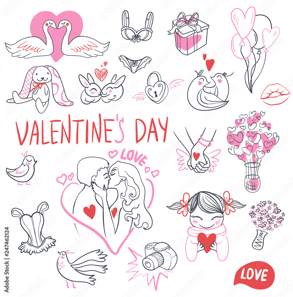 Collection of hand drawn Valentine day doodle. Perfect for invitation cards and page decoration. illustration.