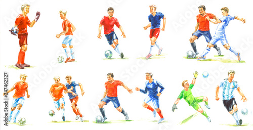 Set of watercolor sketches of soccer players athletes playing with a ball, soccer players on white background for design