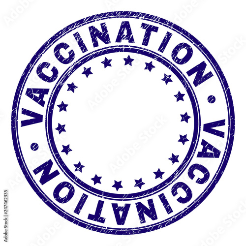 VACCINATION stamp seal watermark with distress texture. Designed with round shapes and stars. Blue vector rubber print of VACCINATION tag with dust texture.