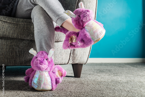 Young girl is wearing cute soft 3d dragon slippers photo