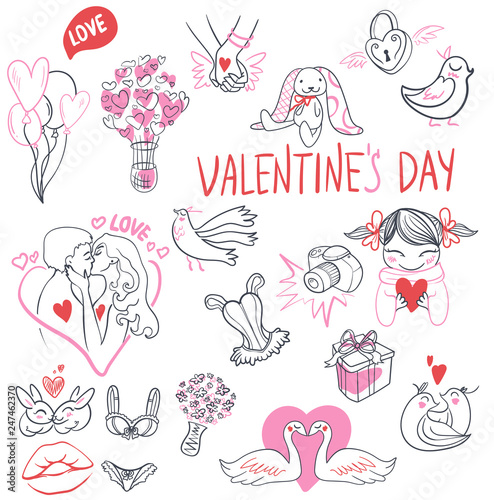 Collection of hand drawn Valentine day doodle. Perfect for invitation cards and page decoration. illustration.